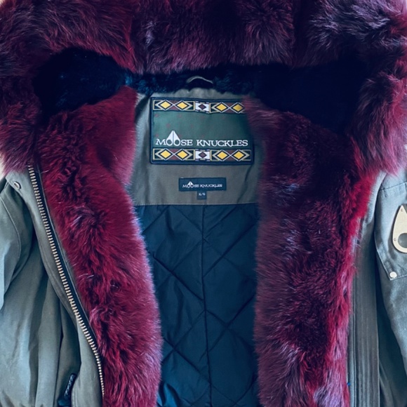 Moose Knuckles Stellar Canvas Oxblood Fur Parka Coat Olive Green Women's XL - Picture 3 of 4